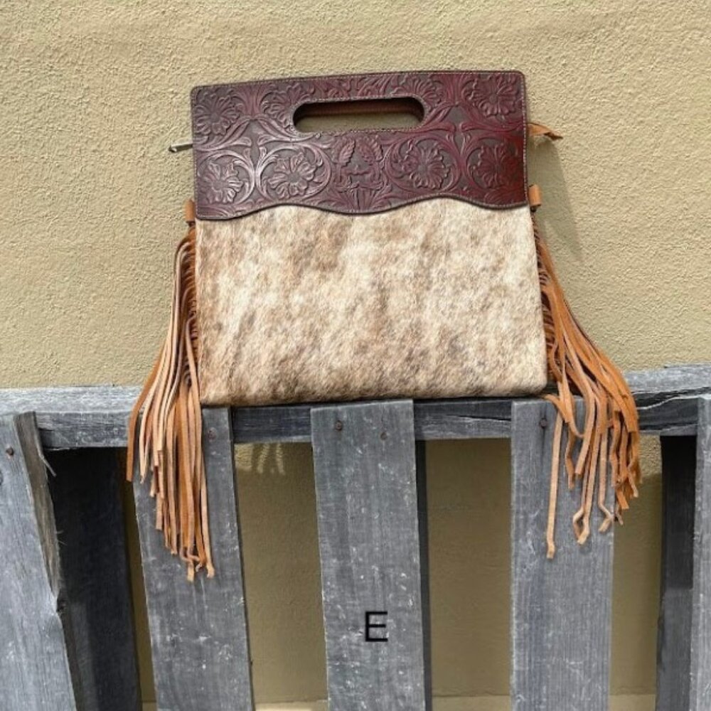 Cowhide and Brown Tooled Leather Concealed Carry Purse